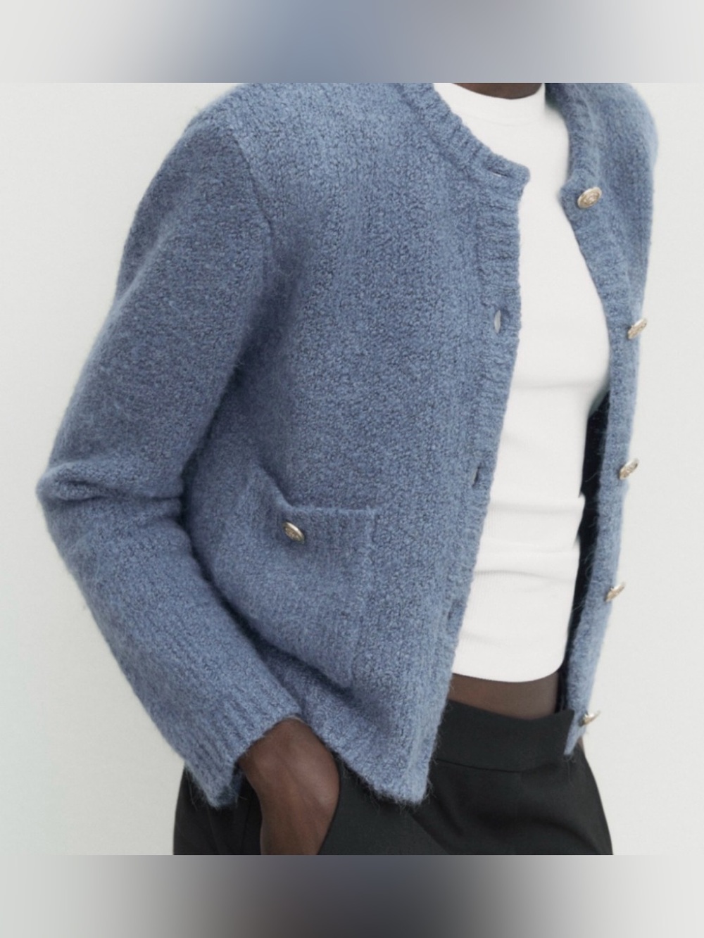 Massimo Dutti Blue Cropped Button-Up Bouclé Cardigan